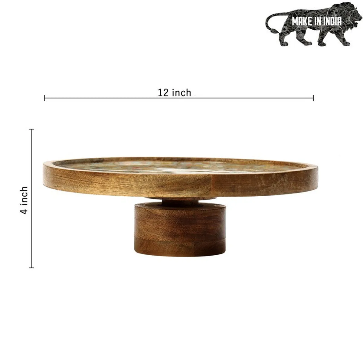 Side profile of the round wooden cake stand on a white background