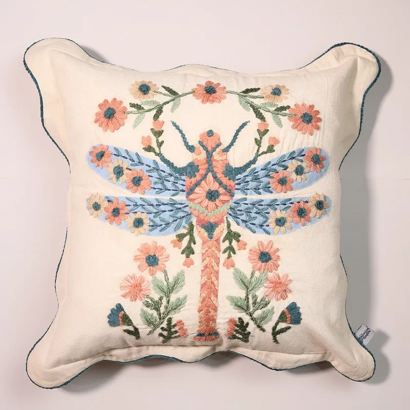 Dragonfly Drift Embroidered Cotton Cushion Cover media 3