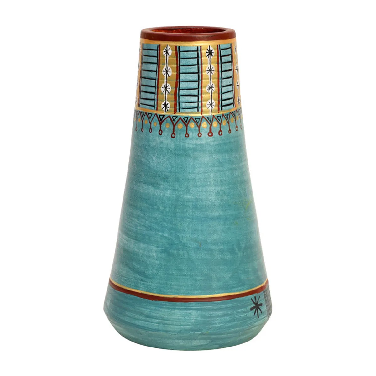 Front view of blue tapered terracotta vase with patterned rim