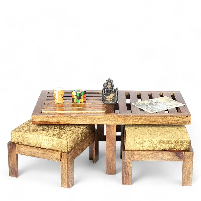Dravon Sheesham Wooden Center Table with Stools (Brown,Gold) - Five Piece Set media 5