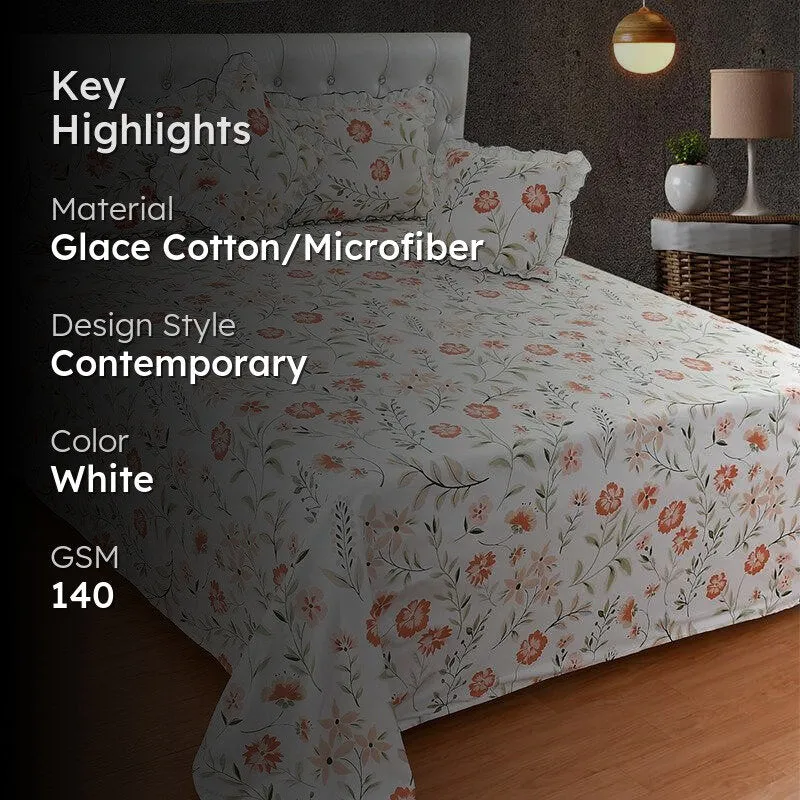 Floral bedding set with text overlay showing key highlights