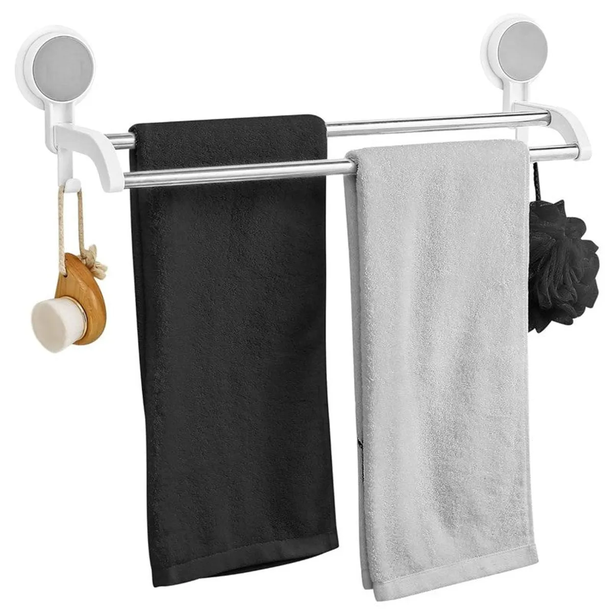 White double bar hanger holding two towels against a plain background