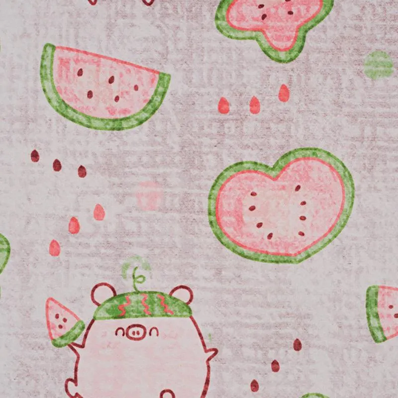 Close-up of playful pig and watermelon pattern on the carpet