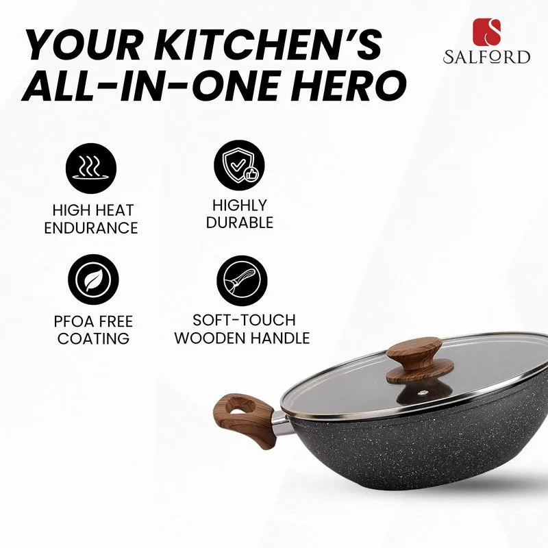 Salford Forged Non Stick Kadai with Glass Lid (Black Marble) -  3200 mL media 5