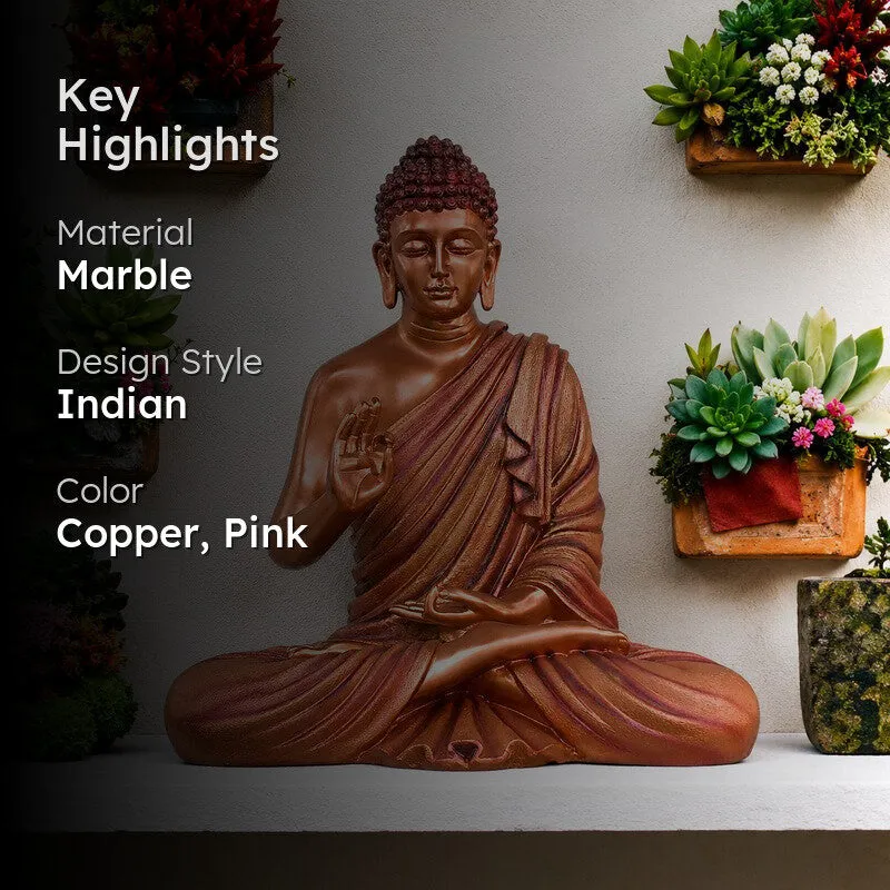 Copper Buddha idol highlight image with material and style text overlay