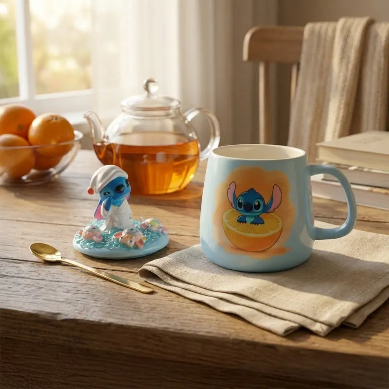 Blue ceramic mug with Stitch citrus print, figurine lid and gold-toned spoon on a wooden table