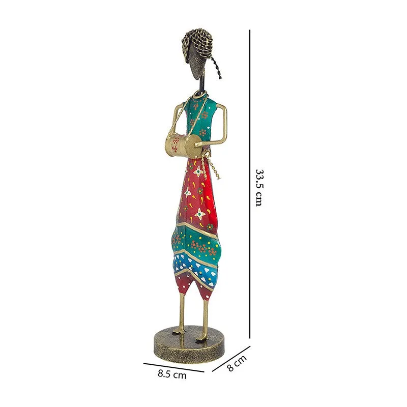 Folk Lady Dholak Player Iron Showpiece - Red,Green media 8