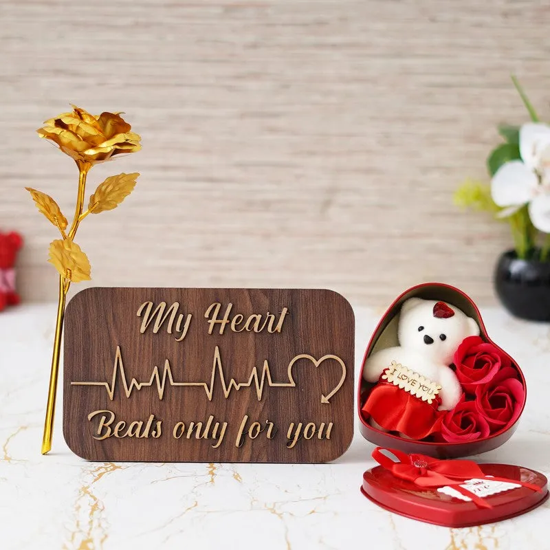 Three-piece romantic gift set with gold rose, wooden plaque and red heart-shaped gift box