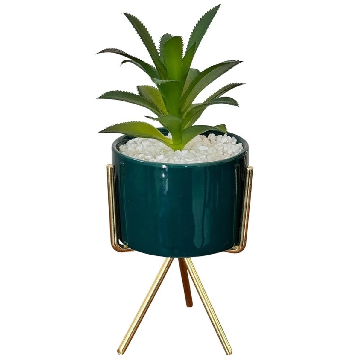 Green ceramic planter with artificial plant and gold tripod legs