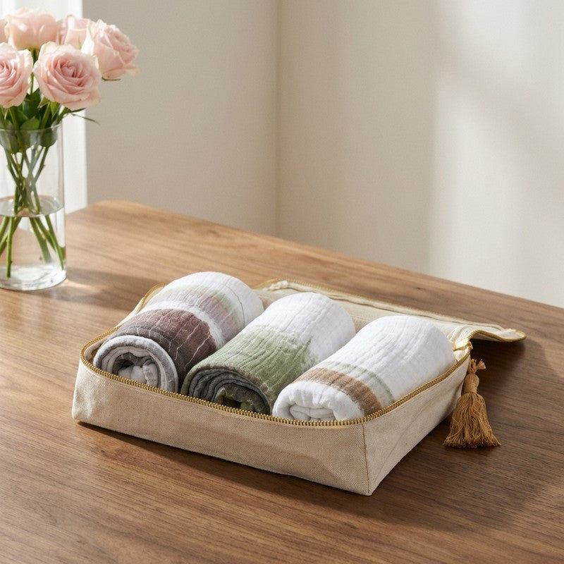 Rang Mahal Cotton Hand Towels with Canvas Box (White) - Set Of Three