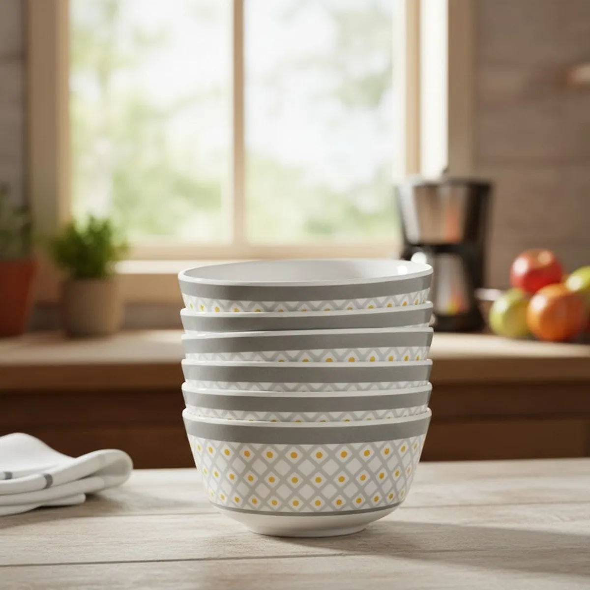 Stack of grey and white geometric snack bowls on a kitchen counter