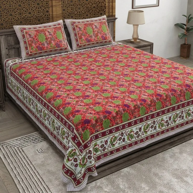 Florael Cotton Bedsheet (Red,Green) - 240 TC media 1