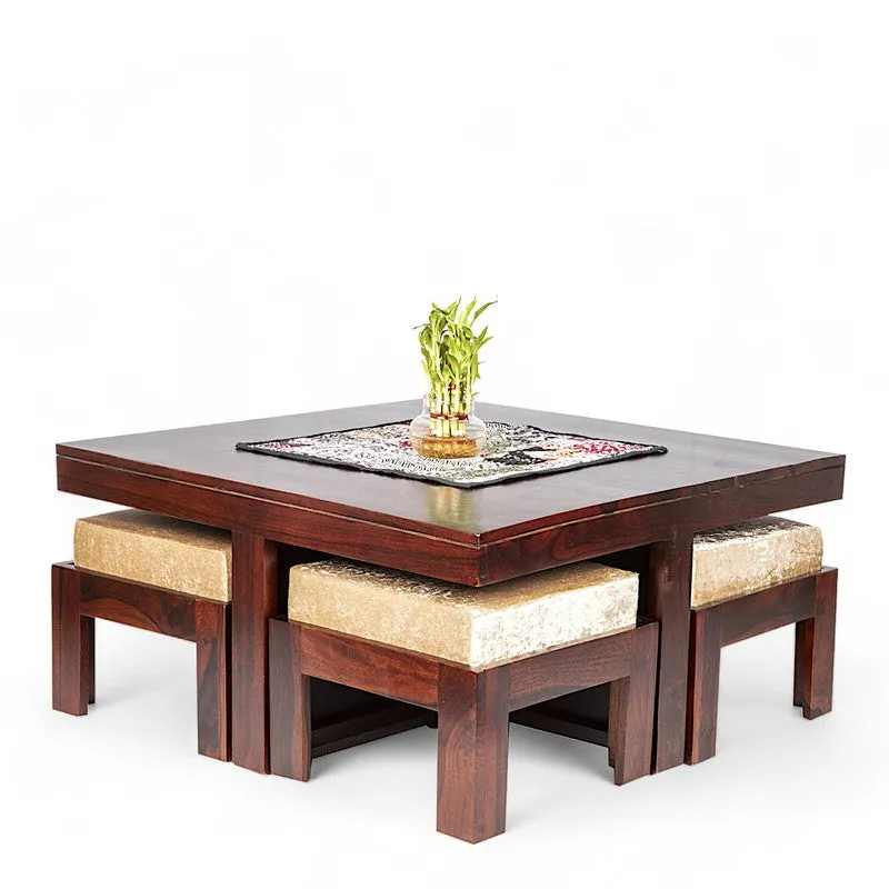 Evrino Sheesham Wooden Center Table with Stools and Cushions (Dark Brown) - Nine Piece Set media 4