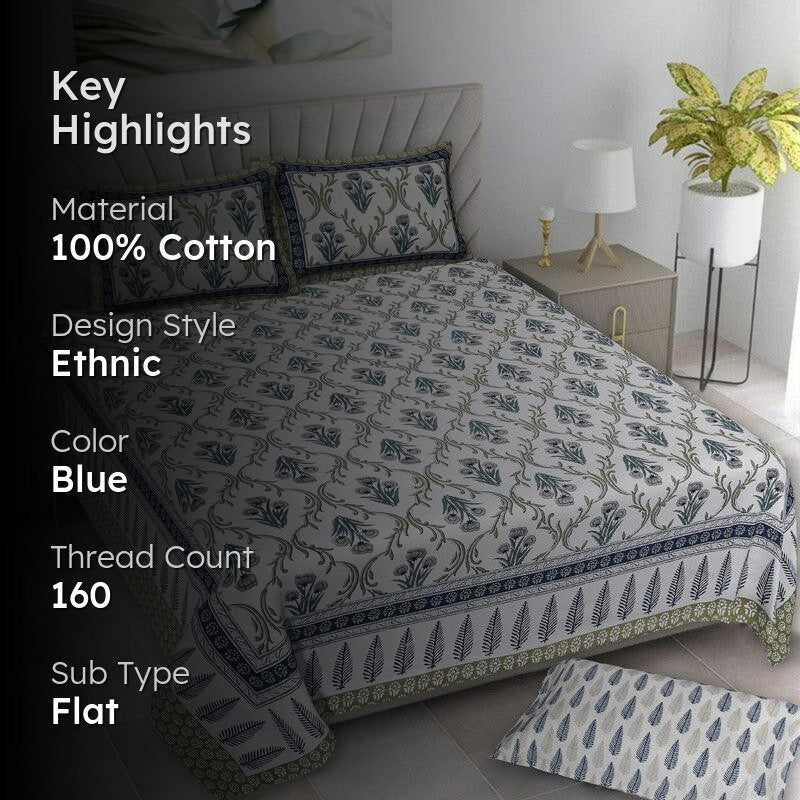 Giselle Floral Cotton Bedsheet (Blue) - 160 TC media 2