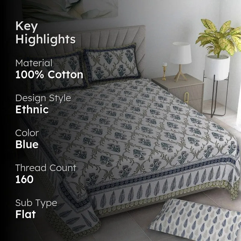 Giselle Floral Cotton Bedsheet (Blue) - 160 TC - 2