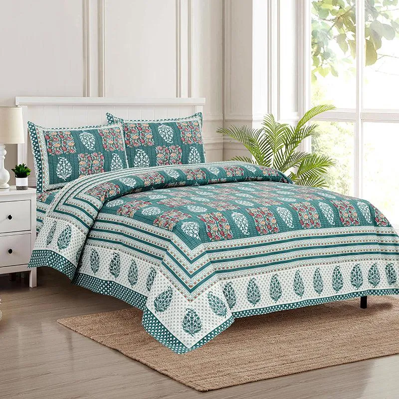 Gulzar Heritage Floral Cotton Bedsheet (Green & White) - 160 TC media 1