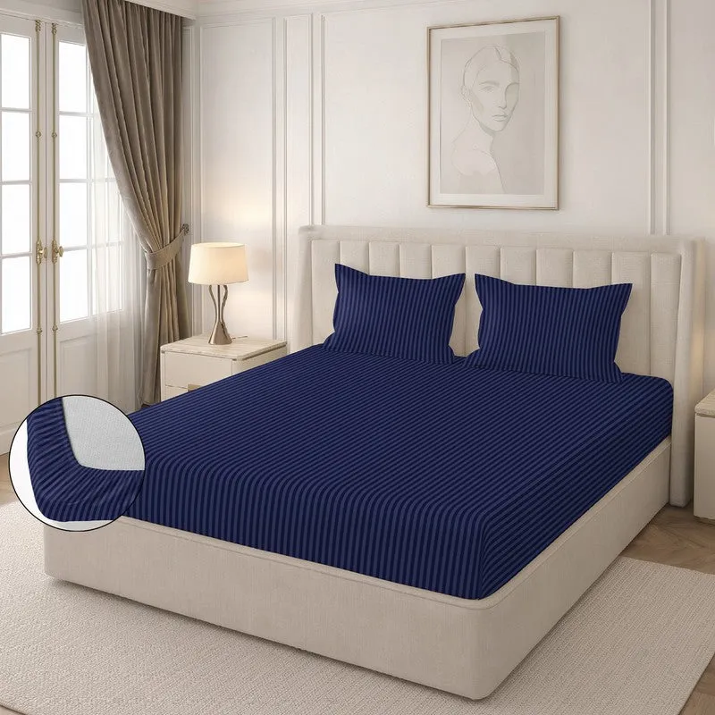 StripeScape Glace Cotton Fitted Bedsheet (Navy) - 130 GSM - 6