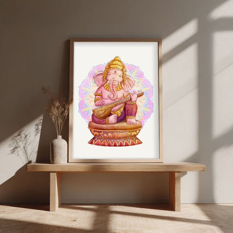 Veena Vinayaka Archival Paper Wall Art - Natural Brown Frame