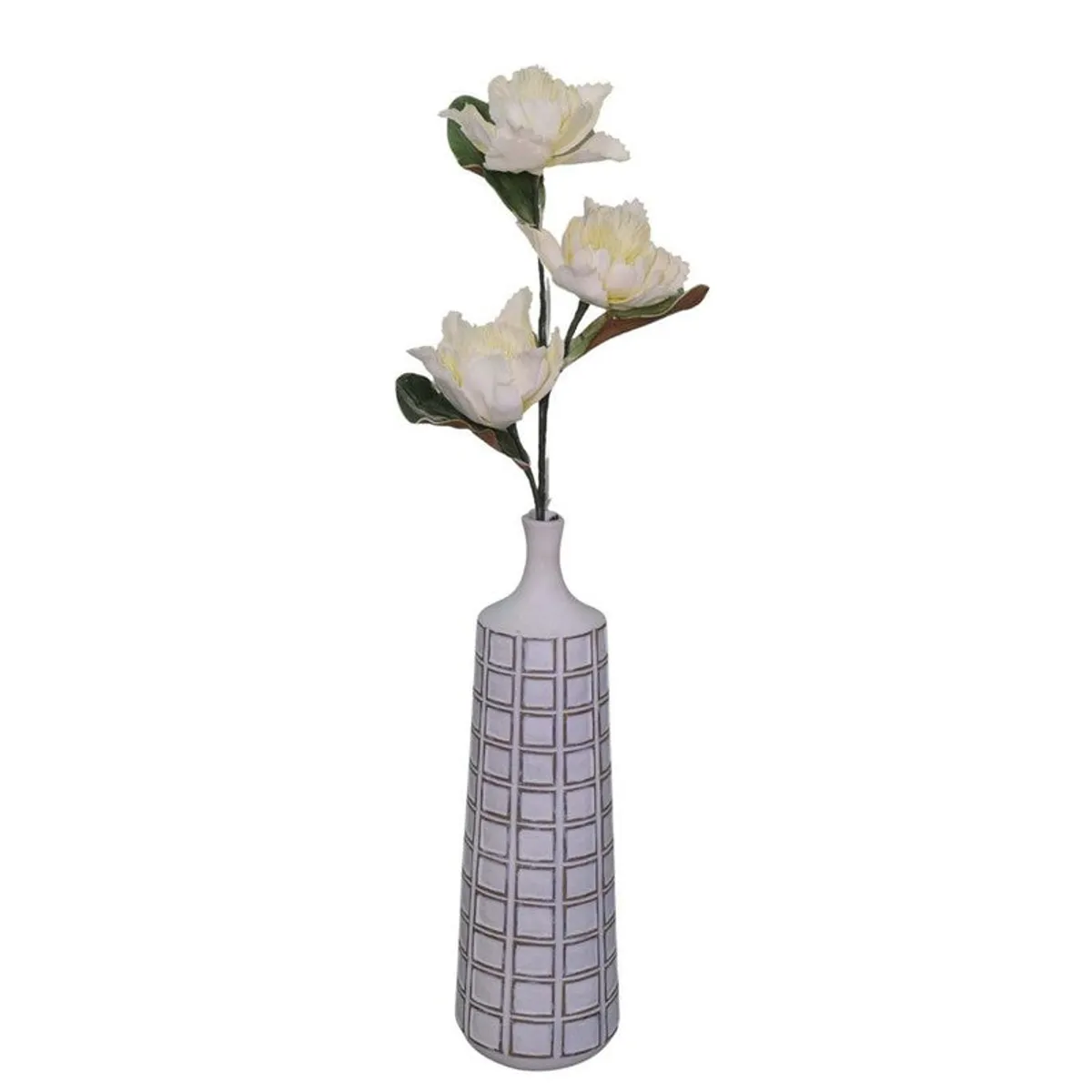 Full white artificial dahlia stem isolated against a white background