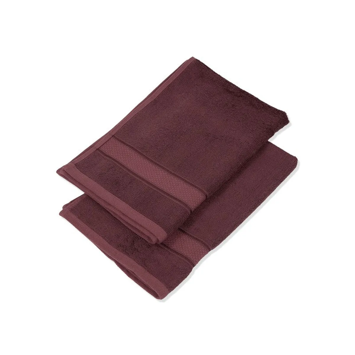 Two overlapping purple hand towels displayed on a white background