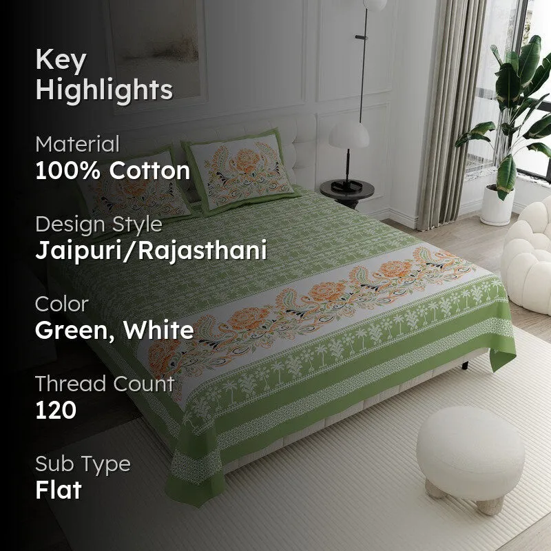 Ethnic Classic Cotton Bedsheet (Green,White) - 120 TC media 2
