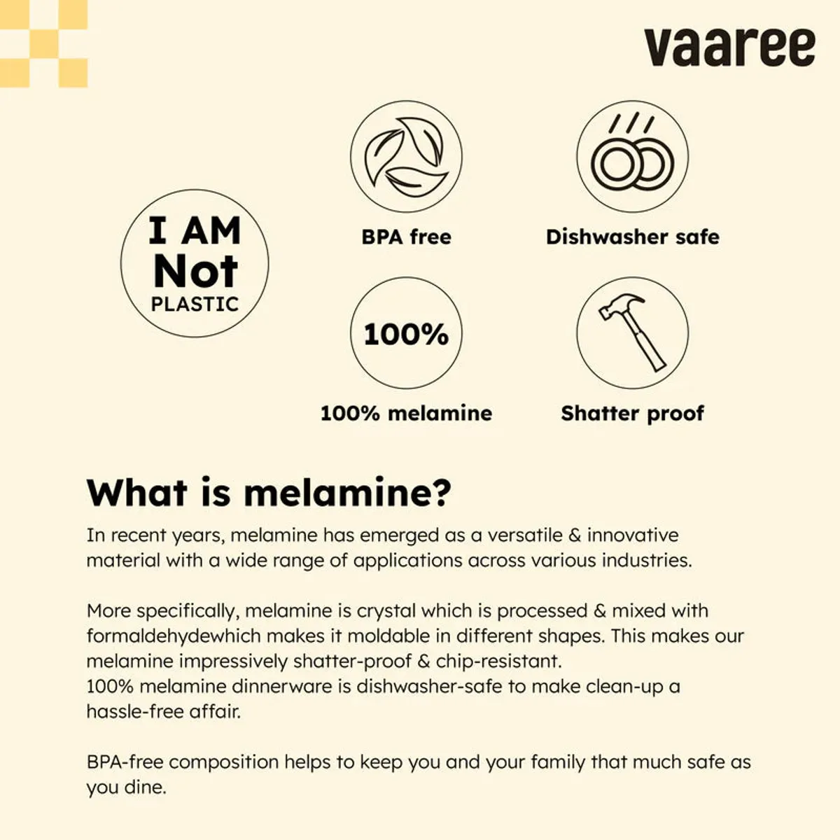 Feature graphic describing melamine bowl characteristics and dishwasher care