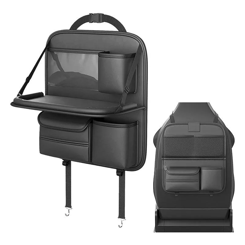 Sleek Seat Leather Car Seat Organizer With Foldable Tray - Dark Grey media 7
