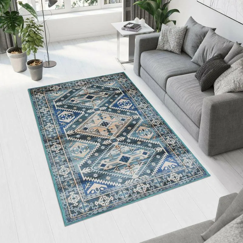 Blue and white ethnic-patterned rectangular carpet styled in a bright living room