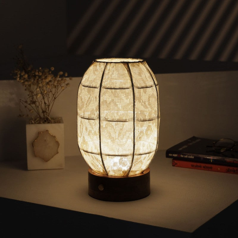 Lumora Oval Soft Glow Base Fabric Wooden Table Lamp - White