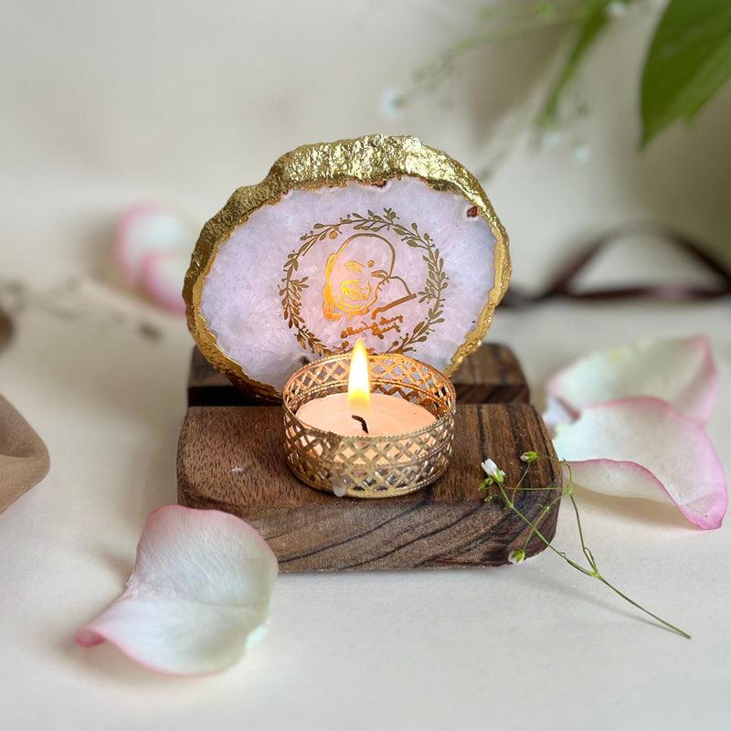 Sacred Guruji Handcrafted Agate Religious Accent With Tealight Candle Holder - White