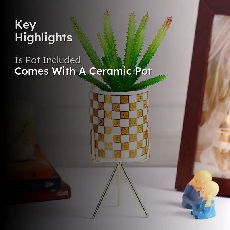 Faux Senecio In Checkered Pot With Tripod - 29.5 cms media 2