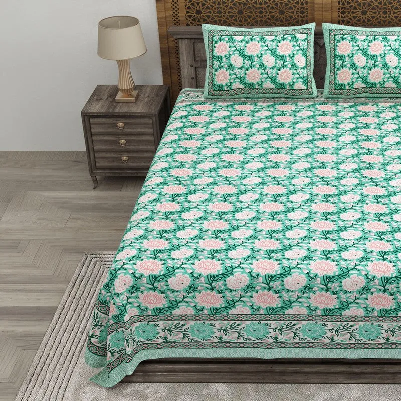 Leafix Cotton Bedsheet (Green,Pink) - 240 TC media 3
