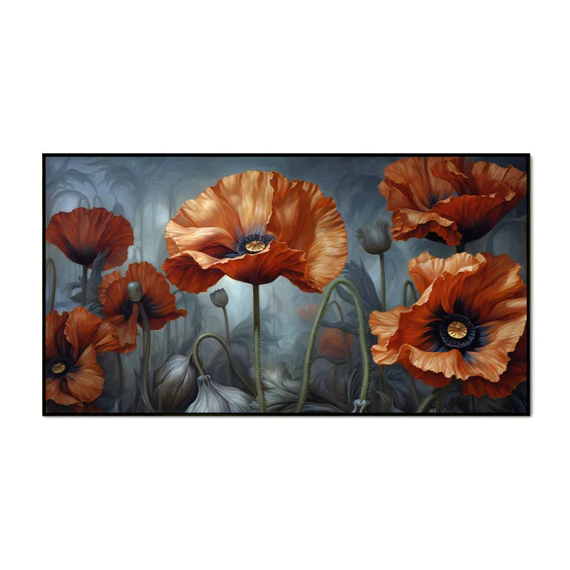 Gloomy Rust Poppies Floral Canvas Wall Painting With Frame - Black media 5