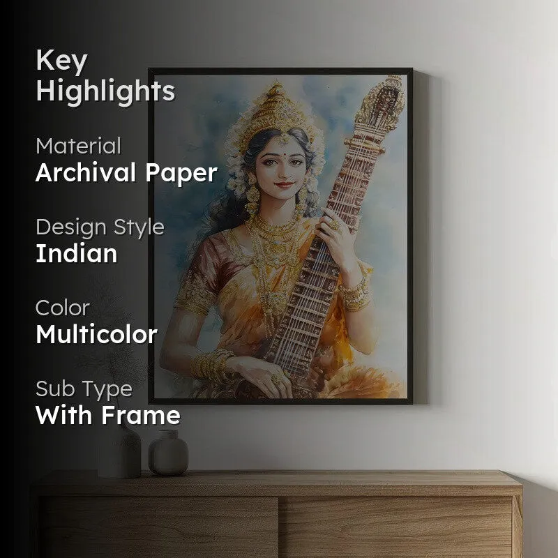 Veena Of Knowledge Spiritual Archival Paper Wall Painting With Frame - Black media 2