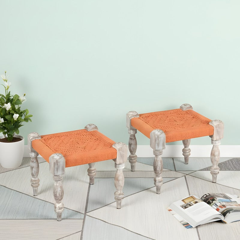 Jexon Sheesham Wooden Stools (Orange) - Set Of Two