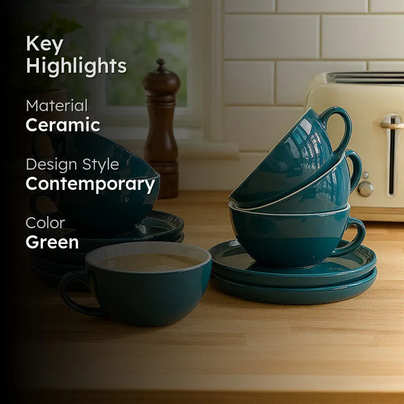 Elegant Green Ceramic Cup & Saucer (320 mL Each) - Set of Six media 2