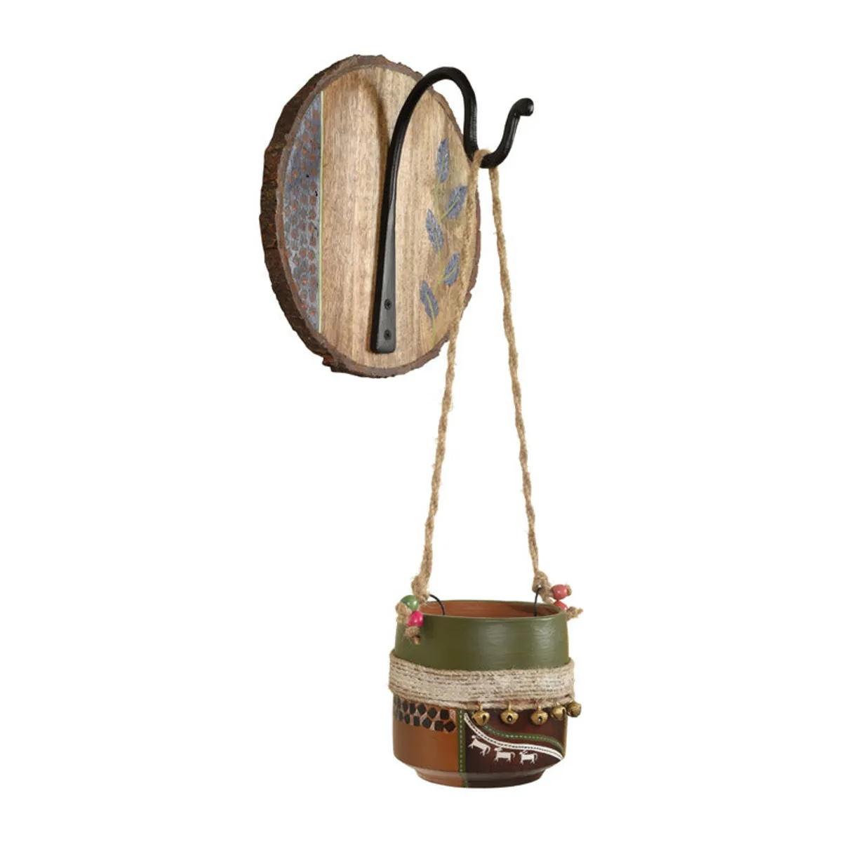 Side view of hanging planter with metal hook, rope and terracotta pot