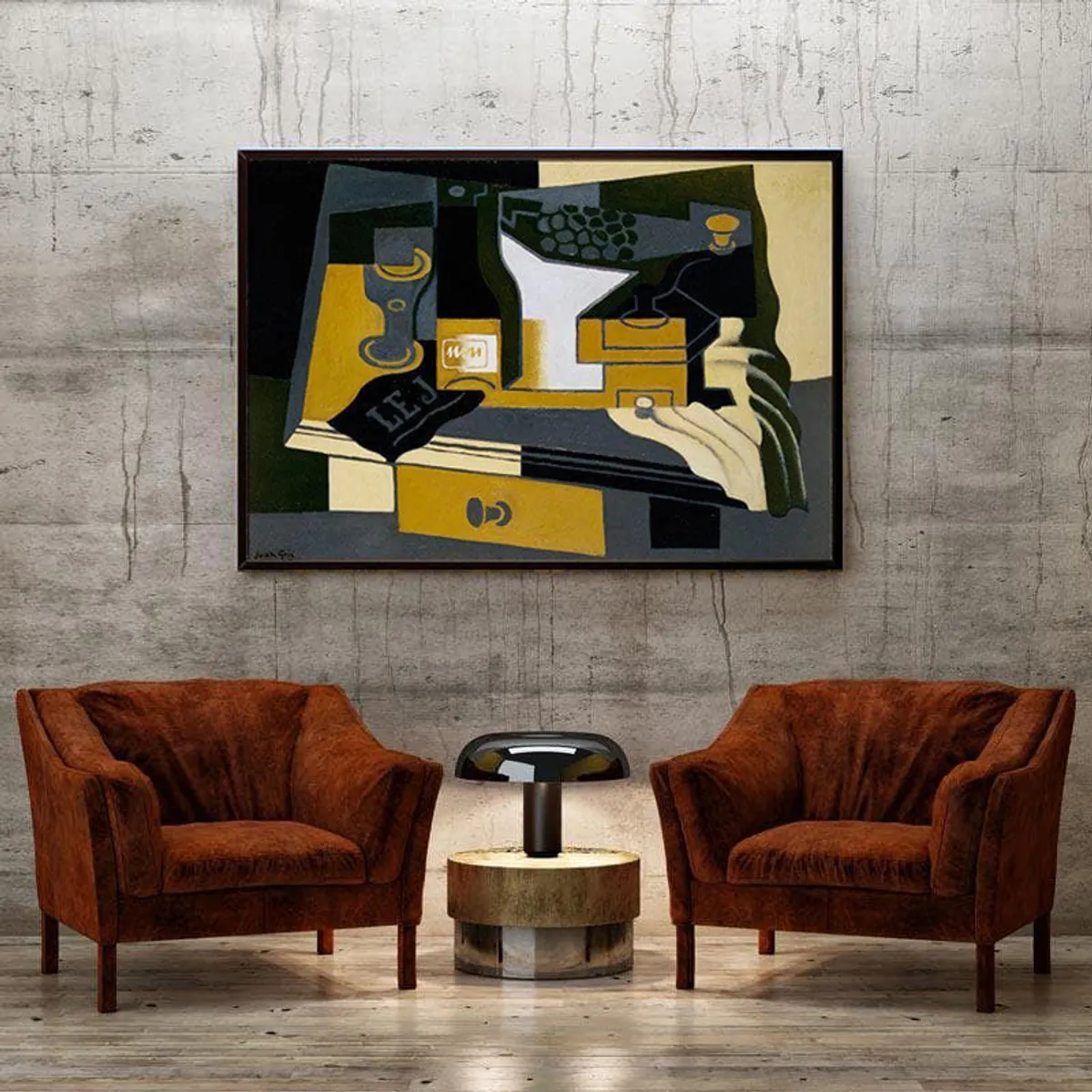 Abstract framed wall painting displayed on a concrete wall between two armchairs