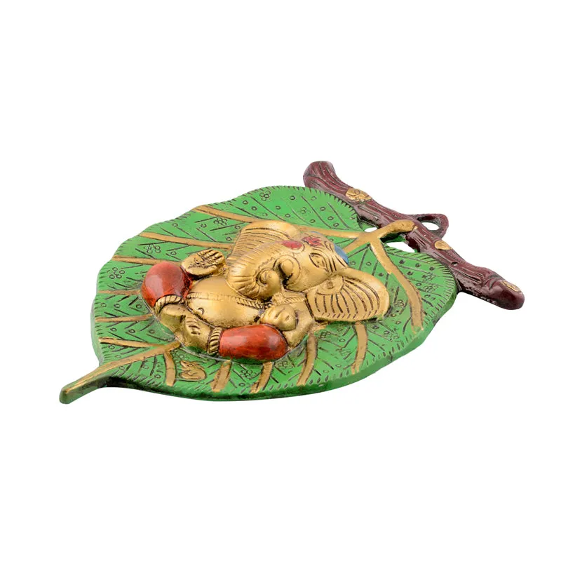 Balganesha Resting on Leaf Religious Metal Wall Accent - Green & Gold media 5