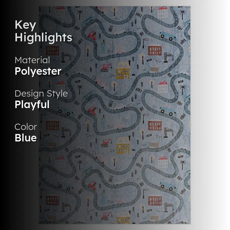 Blue rectangular carpet with roadway print and highlight text overlay