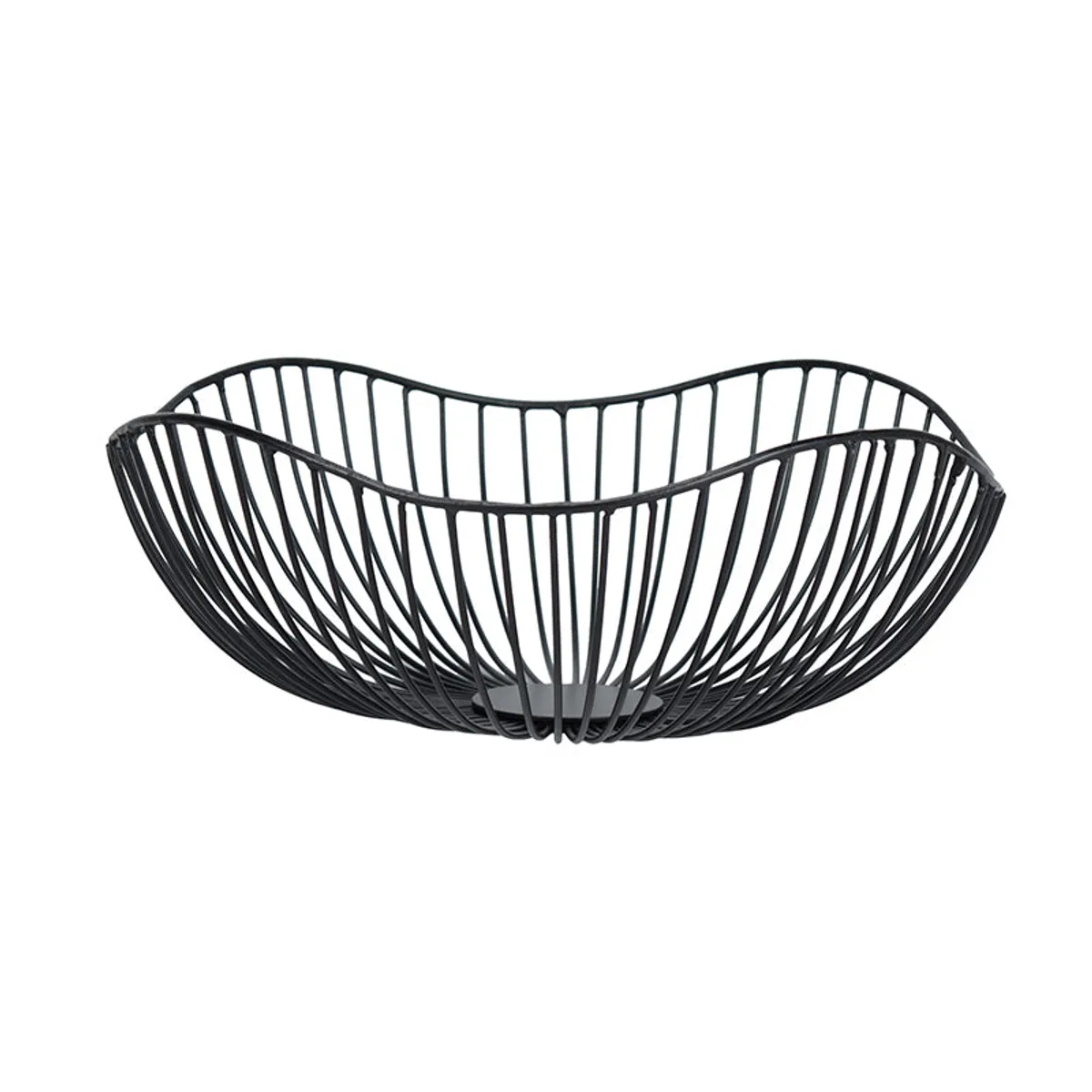 Black open-weave fruit basket shown from a low side angle