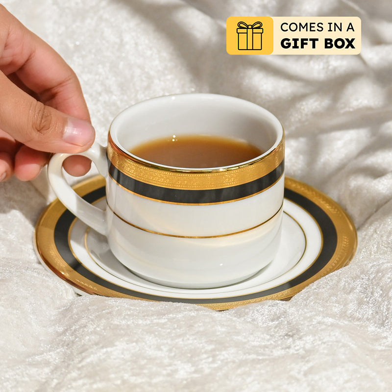 Vienna 24k Gold Brushed Porcelain Tea Cup & Saucer (Blue/280 mL Each) - Set of Six
