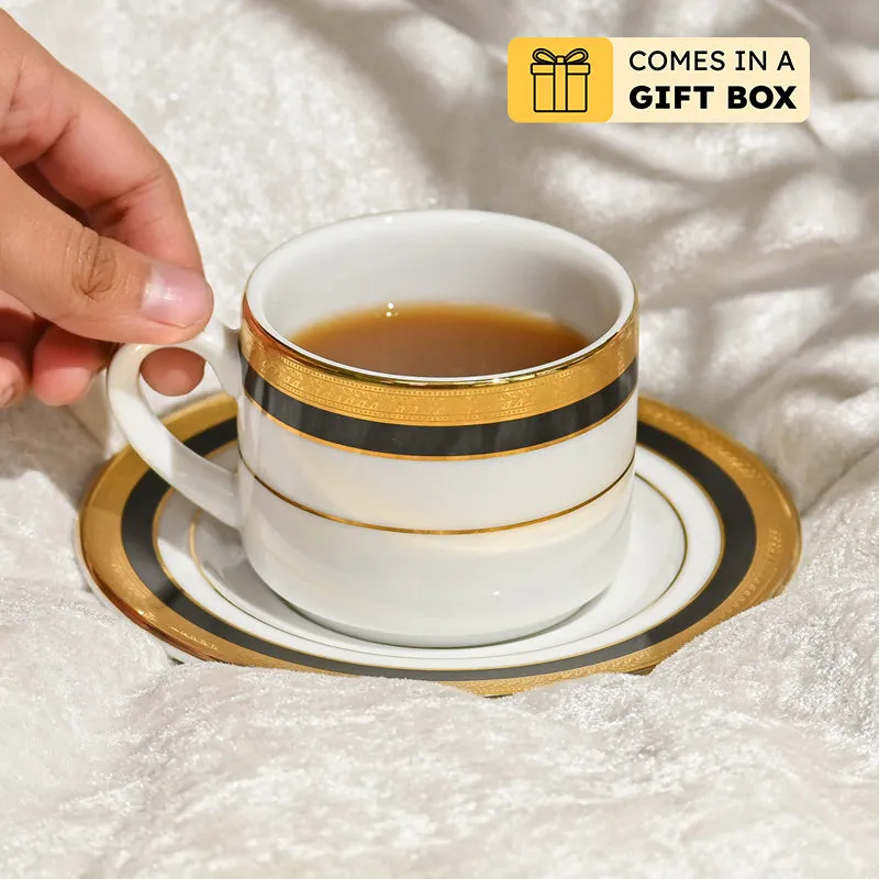 Vienna 24k Gold Brushed Porcelain Tea Cup & Saucer (Blue/280 mL Each) - Set of Six media 1