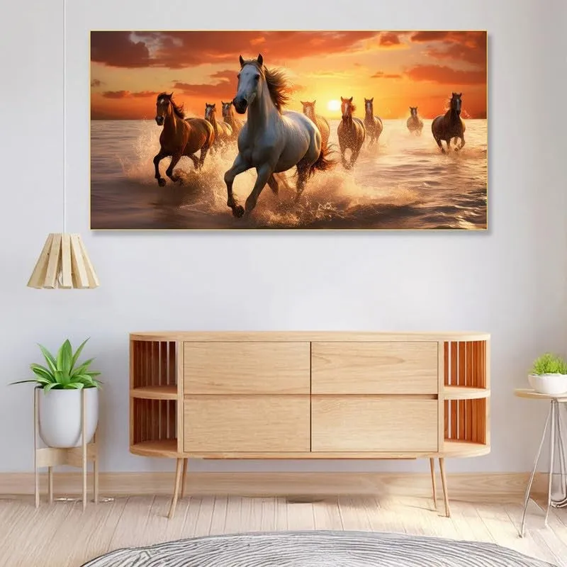 Ocean Horse Run Canvas Wall Painting With Gold Frame media 3