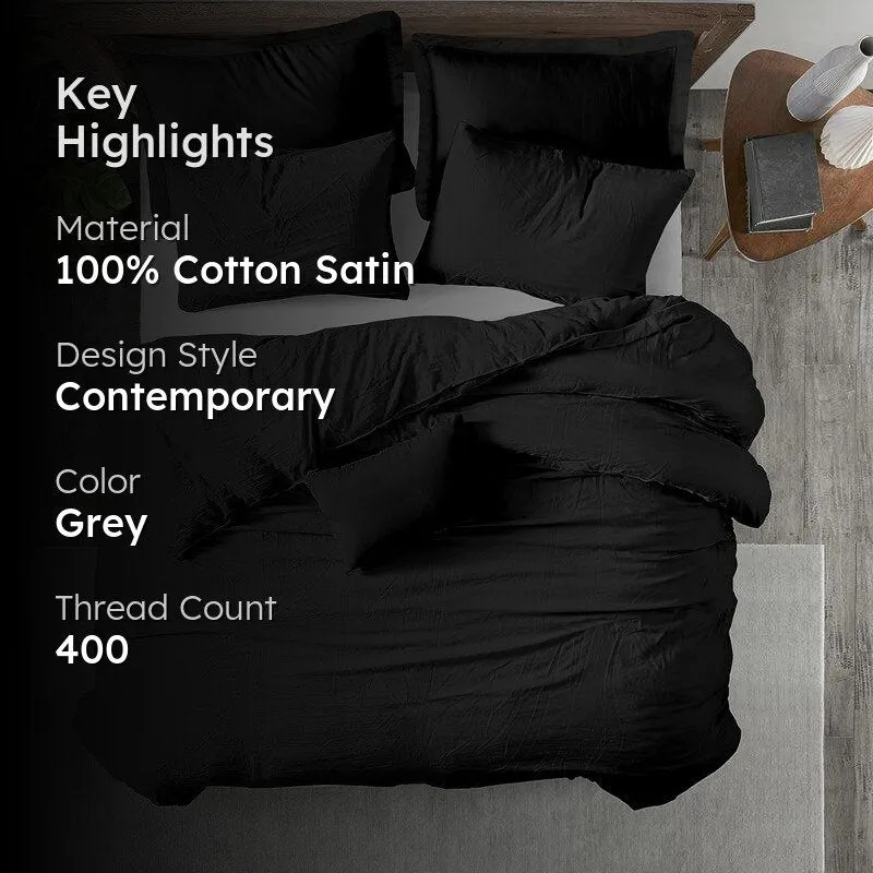 Amelia 100% Cotton Satin Weave Duvet Cover With Pillow Covers - Grey media 2
