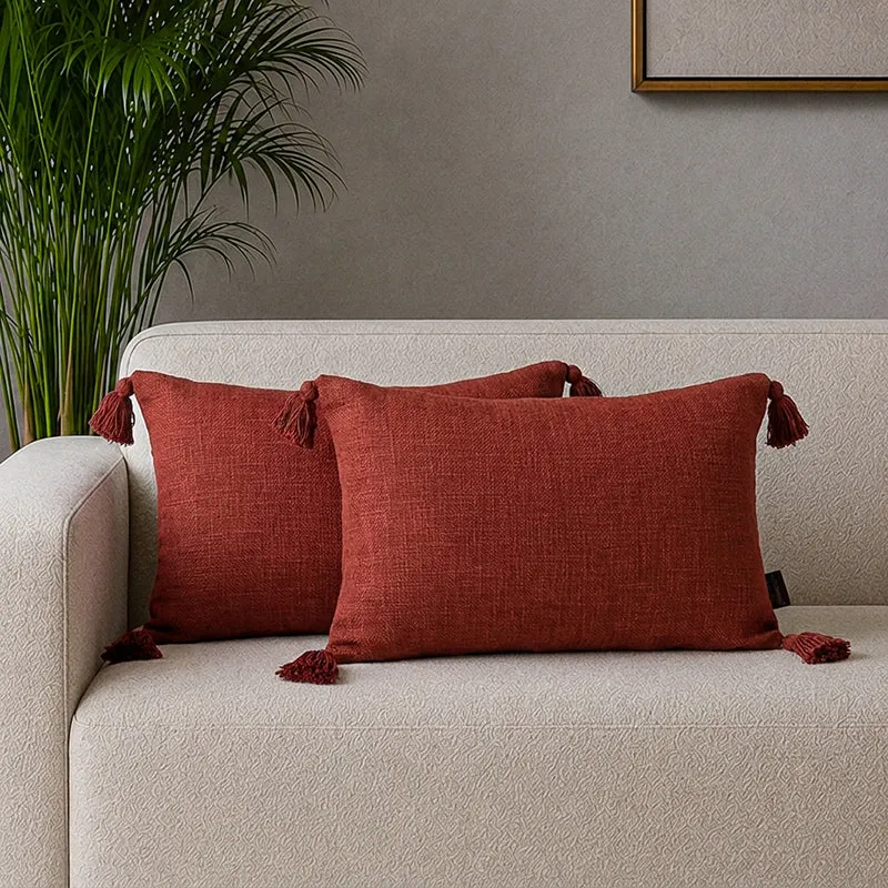 Claira Rectangle Solid Cotton Cushion Cover (Red) - Set Of Two media 1
