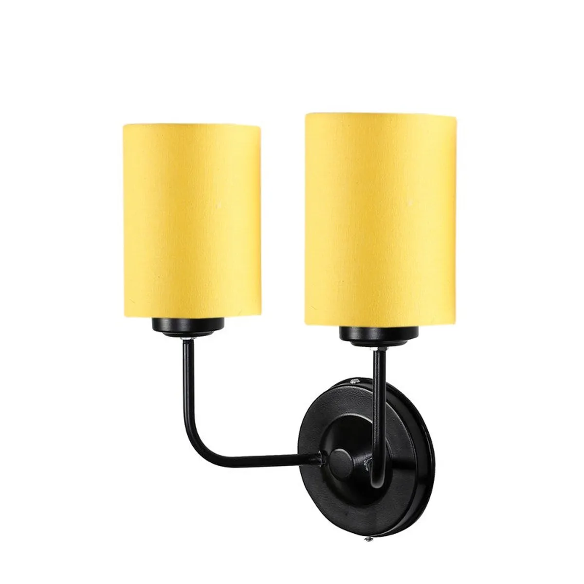 Angled view of yellow twin-shade wall lamp with black iron wall mount