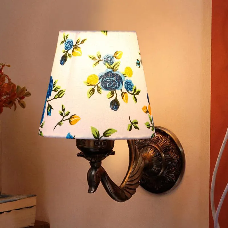 Amro Retro Blue Fleur Conical Fabric & Metal Wall Lamp media 1