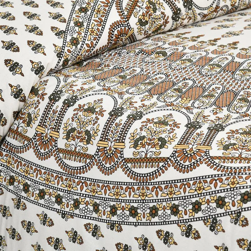 Navika Ethnic Cotton Flat Bedsheet (White & Olive) - 160 TC media 4