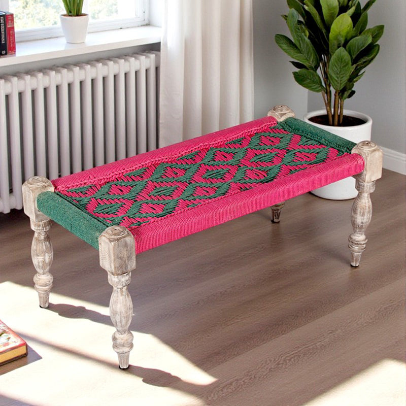 Foxen Sheesham Wooden Bench - Green,Pink